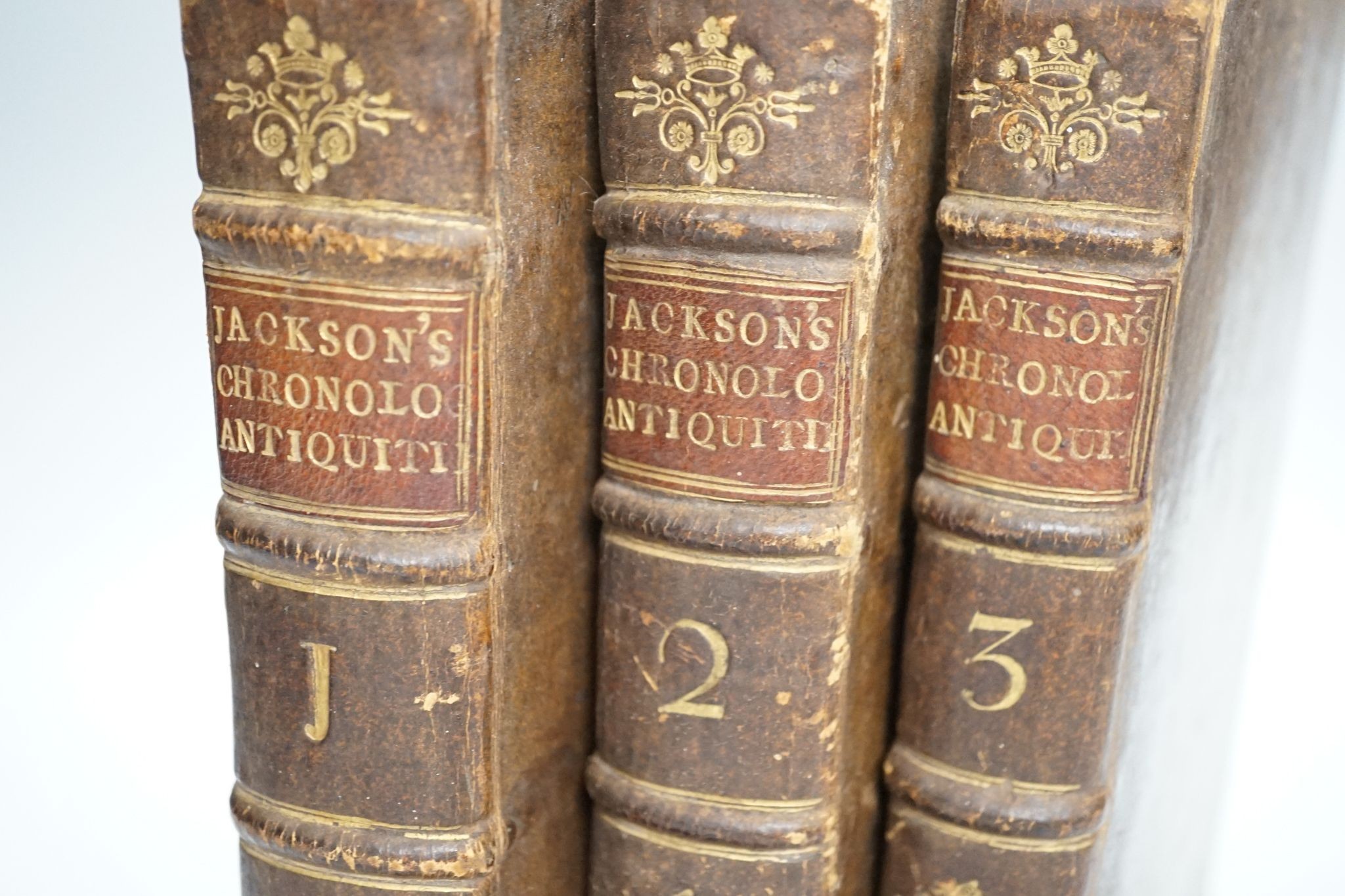 Jackson, John - Chronological Antiquities .... of the Most Ancient Kingdoms ... 3 vols., subscriber's list; contemp. calf, gilt-decorated and panelled spines with red labels, 4to. printed for the Author, 1752